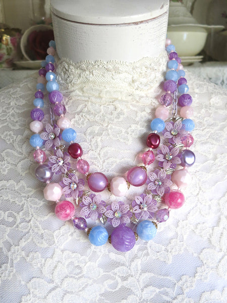 Pastel Beads With Purple Flowers Necklace