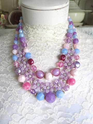 Pastel Beads With Purple Flowers Necklace