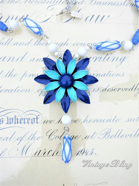 Aqua, Blue & White Enamel Flower Necklace