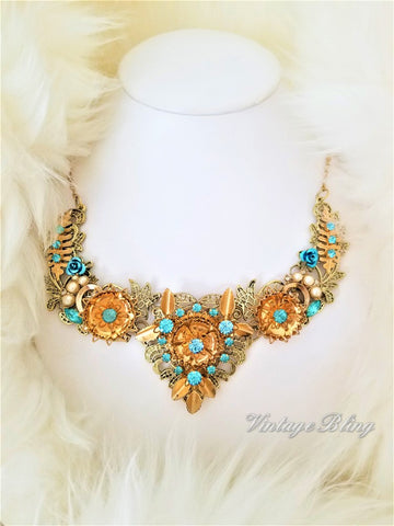 Turquoise and Gold Filigree Bib Style Necklace