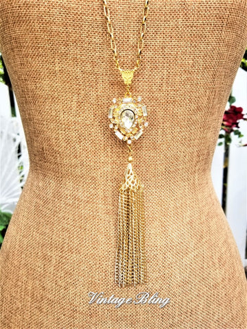 Gold Rhinestone Pendant Tassel Necklace