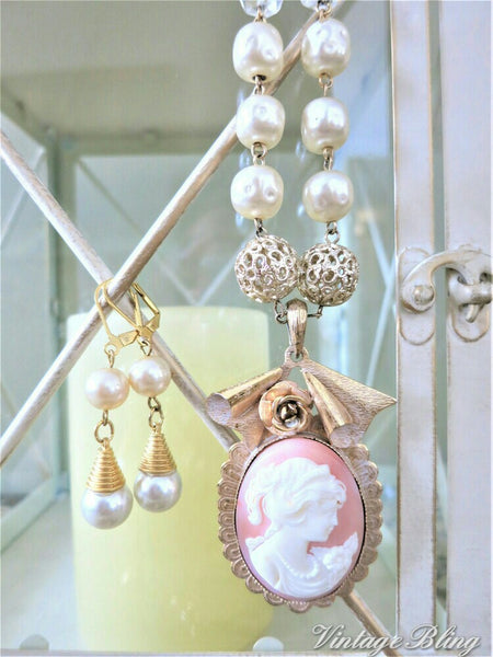 Pretty Pink Cameo & Pearl Necklace